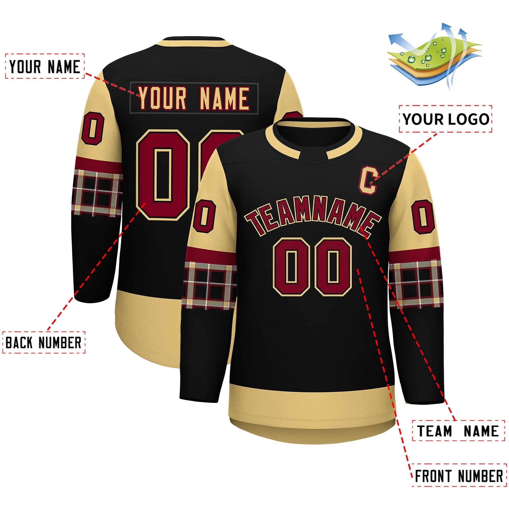 Custom Black Khaki Personalized Raglan Sleeves Round-Neck Hockey Jersey