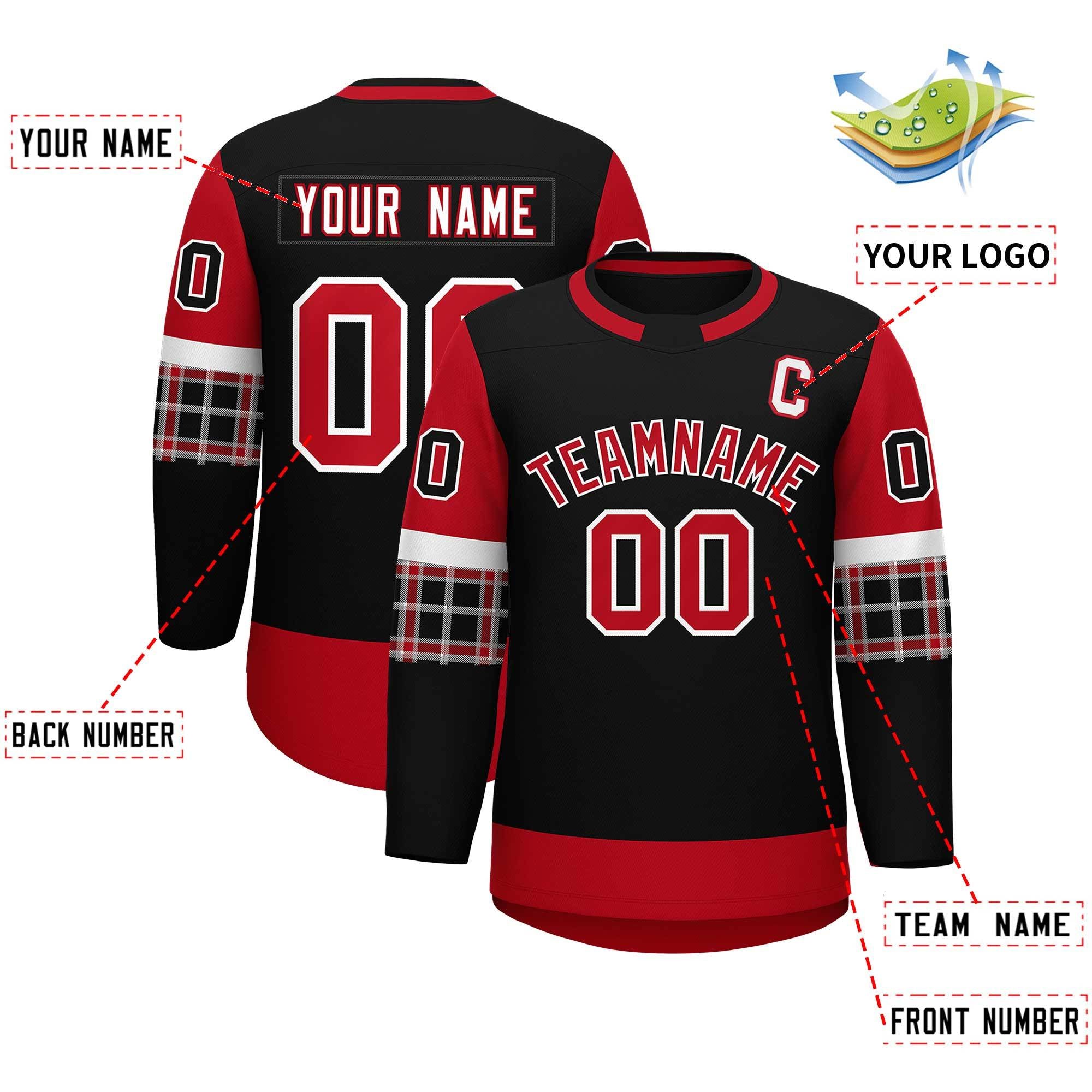 Custom Black Red Personalized Raglan Sleeves Round-Neck Hockey Jersey