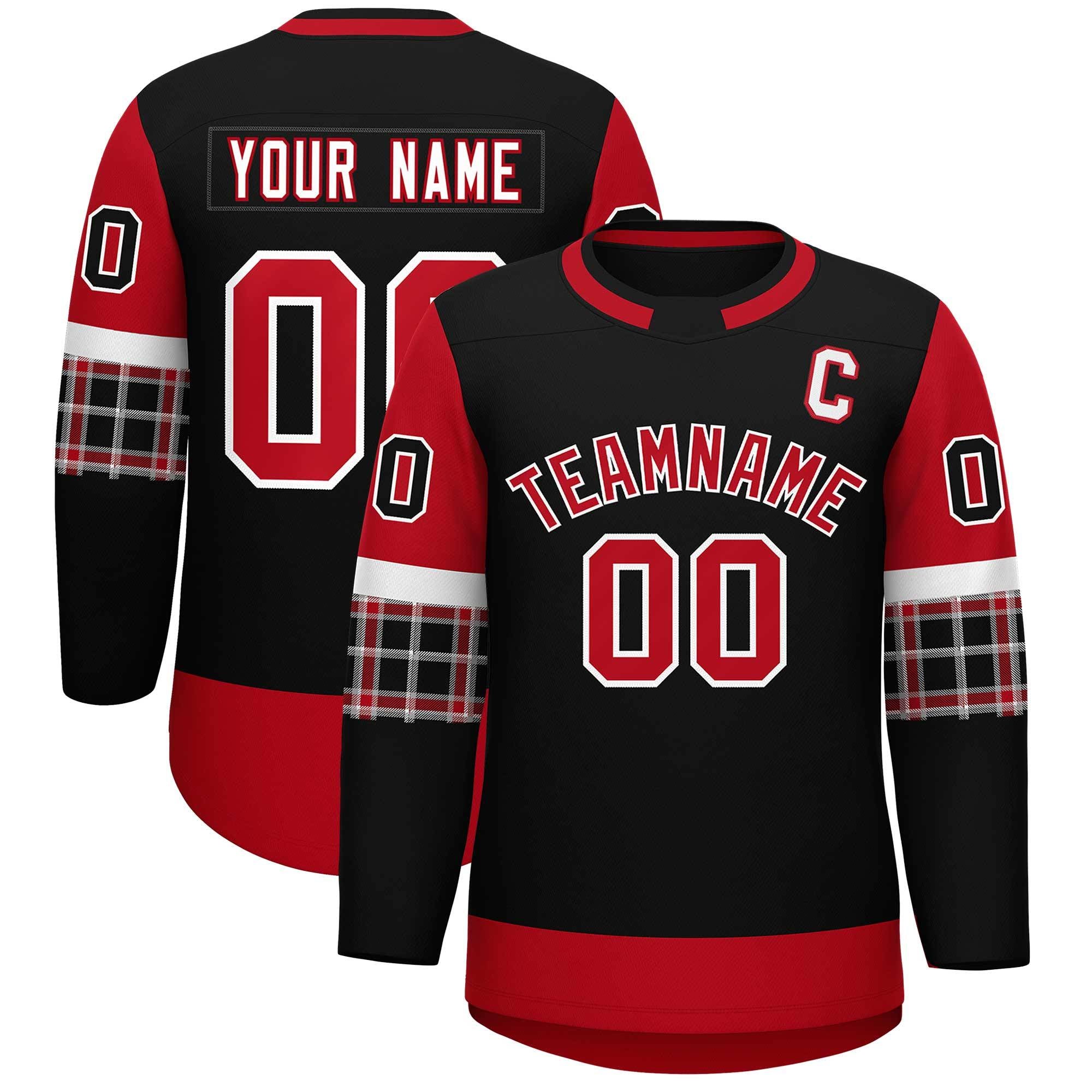 Custom Black Red Personalized Raglan Sleeves Round-Neck Hockey Jersey