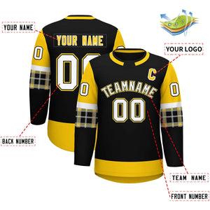 Custom Black Gold Personalized Raglan Sleeves Round-Neck Hockey Jersey