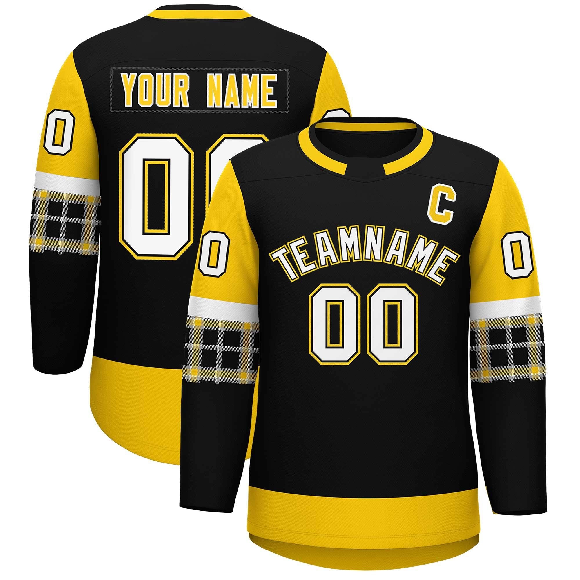 Custom Black Gold Personalized Raglan Sleeves Round-Neck Hockey Jersey