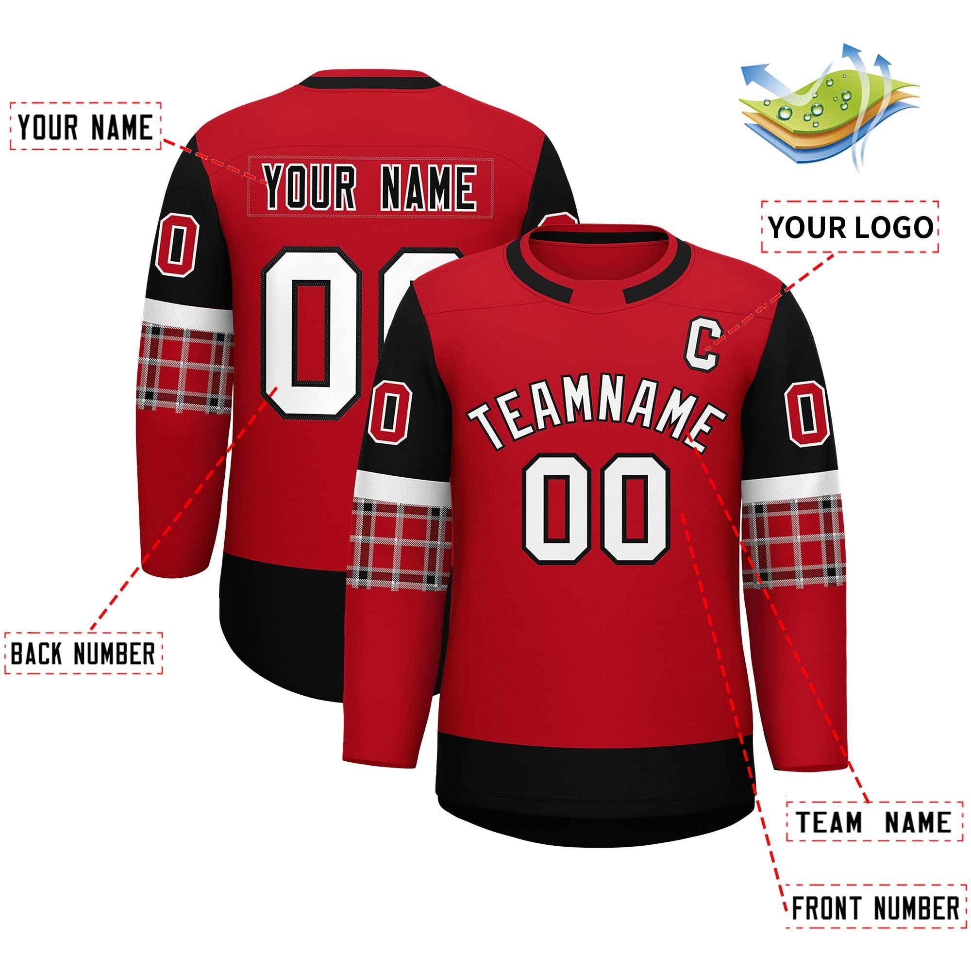 Custom Red Black Personalized Raglan Sleeves Round-Neck Hockey Jersey