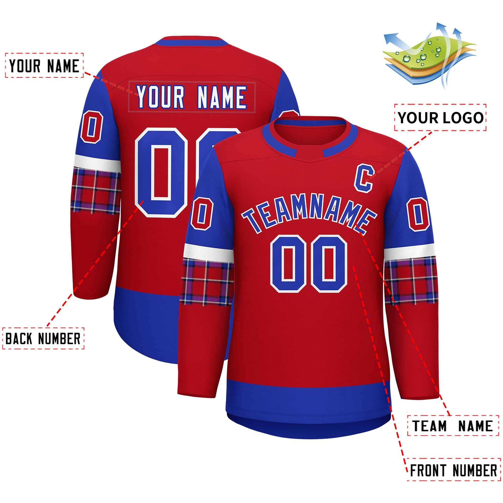 Custom Red Royal Personalized Raglan Sleeves Round-Neck Hockey Jersey