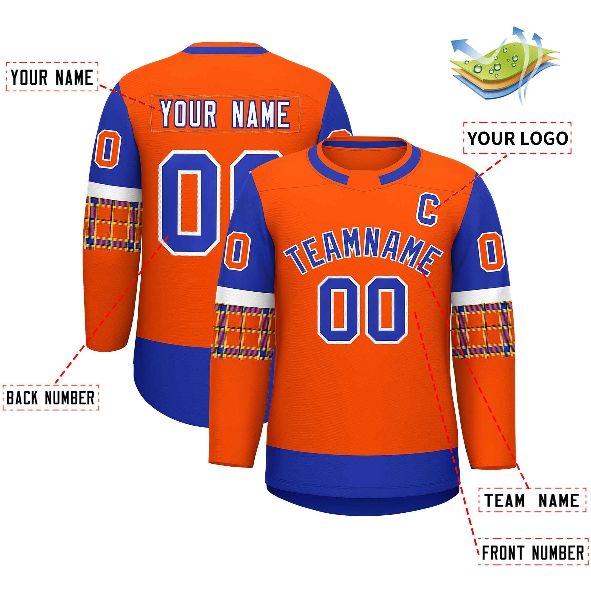 Custom Orange Royal Personalized Raglan Sleeves Round-Neck Hockey Jersey