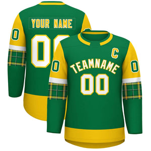 Custom Kelly Green Gold Personalized Raglan Sleeves Round-Neck Hockey Jersey