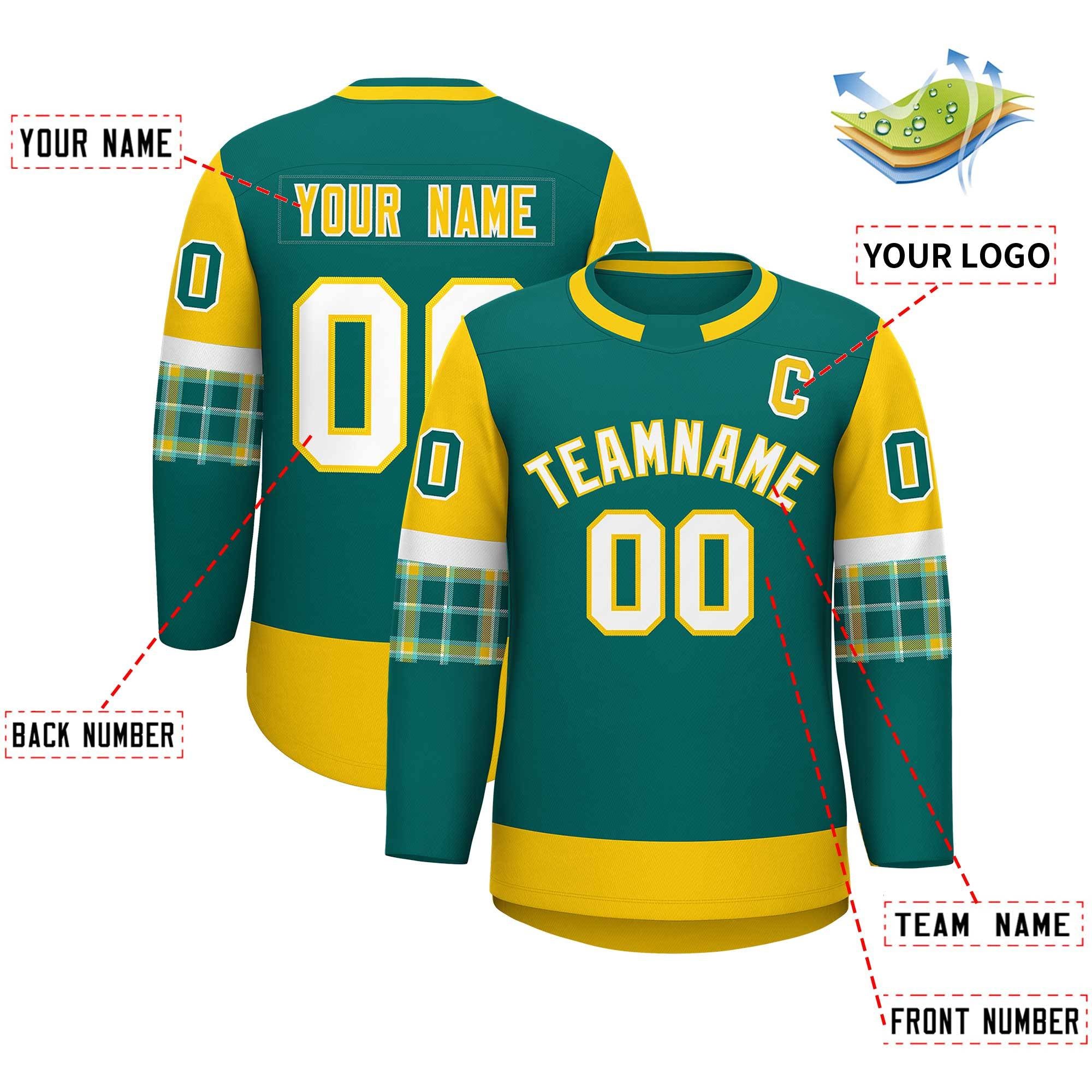 Custom Aqua Gold Personalized Raglan Sleeves Round-Neck Hockey Jersey