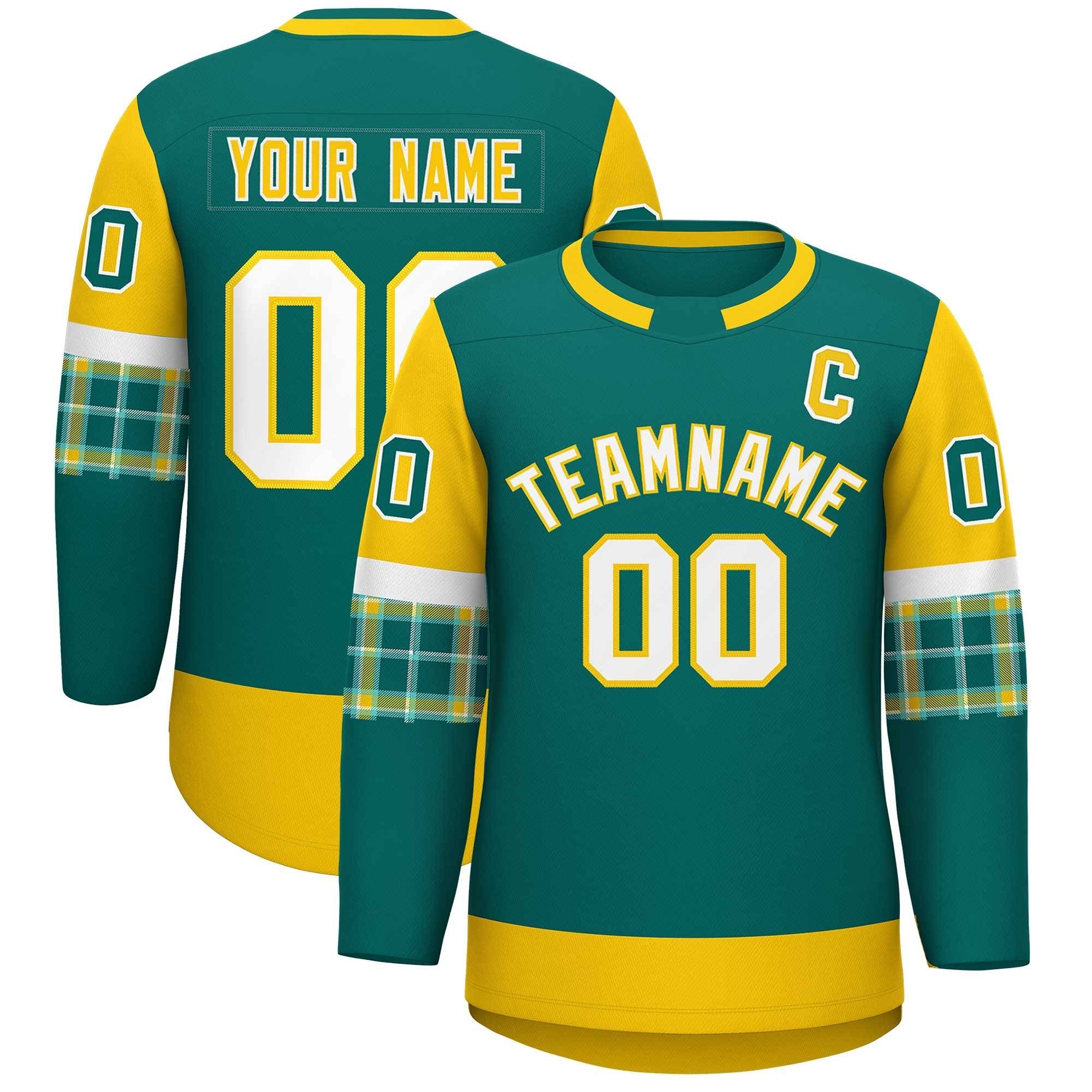 Custom Aqua Gold Personalized Raglan Sleeves Round-Neck Hockey Jersey