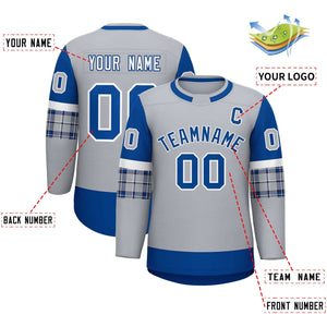 Custom Gray Royal Personalized Raglan Sleeves Round-Neck Hockey Jersey