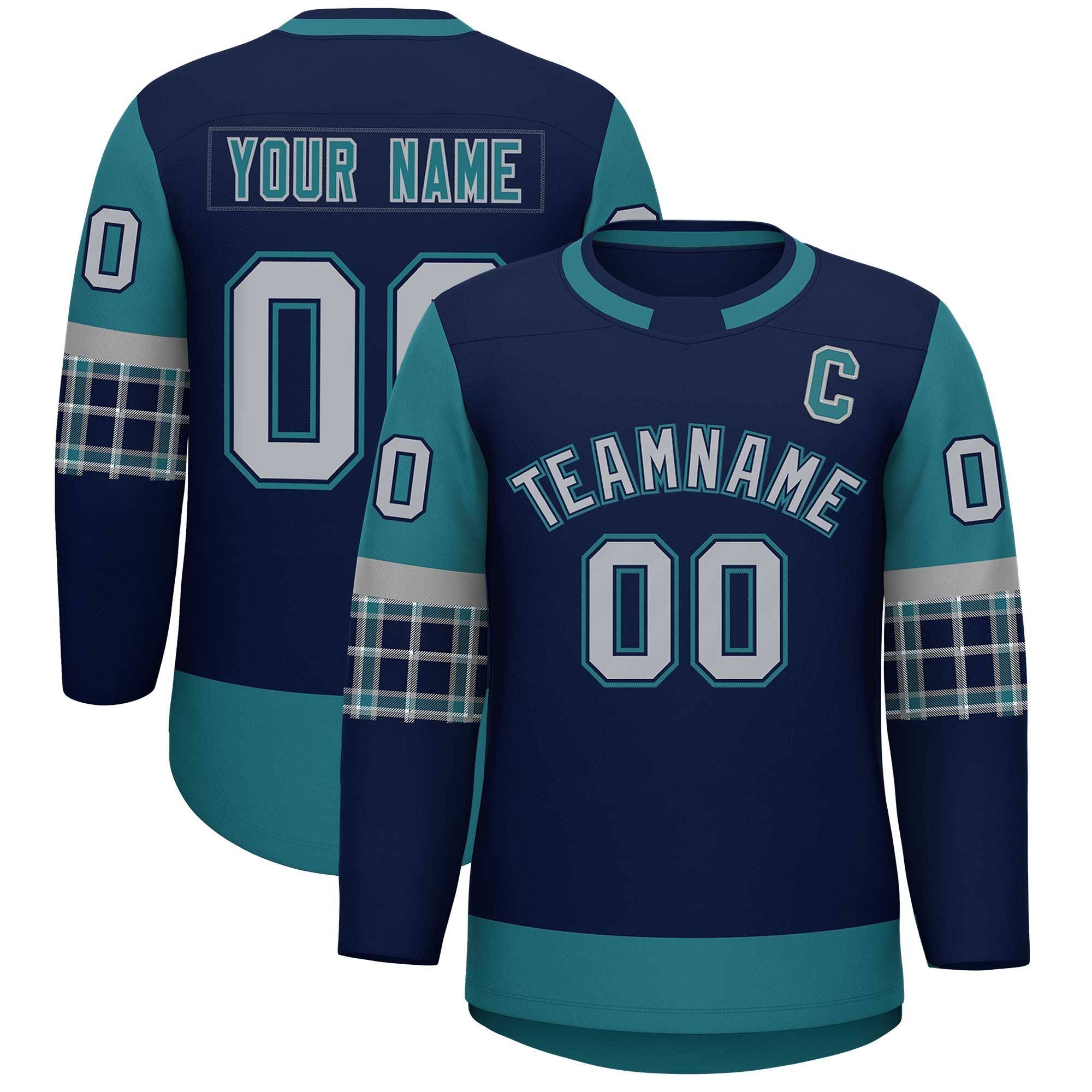 Custom Navy Aqua Personalized Raglan Sleeves Round-Neck Hockey Jersey