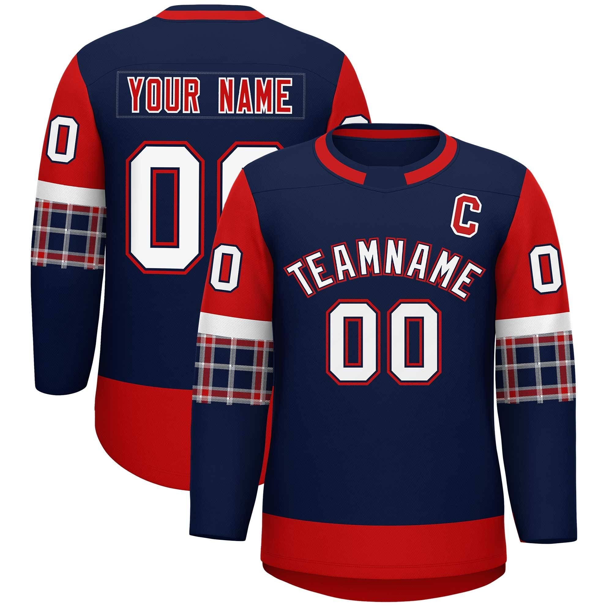 Custom Navy Red Personalized Raglan Sleeves Round-Neck Hockey Jersey