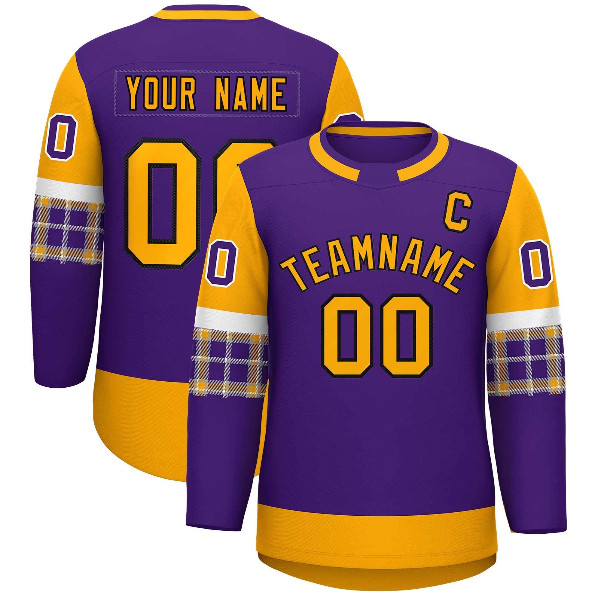 Custom Purple Yellow Personalized Raglan Sleeves Round-Neck Hockey Jersey