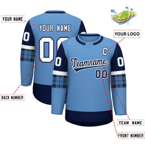 Custom Light Blue Navy Personalized Raglan Sleeves Round-Neck Hockey Jersey