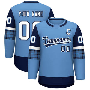 Custom Light Blue Navy Personalized Raglan Sleeves Round-Neck Hockey Jersey