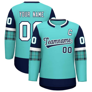 Custom Bright Green Navy Personalized Raglan Sleeves Round-Neck Hockey Jersey