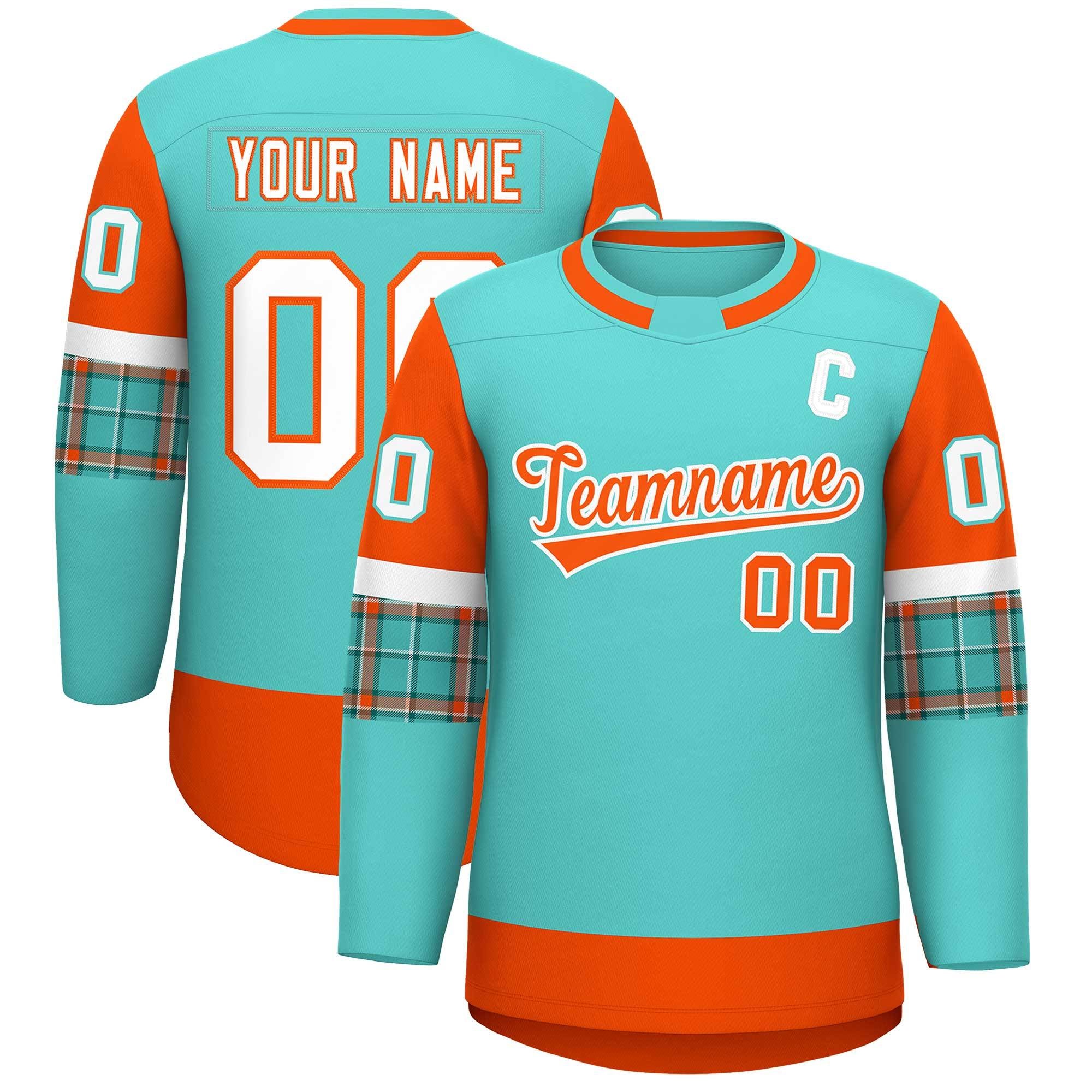 Custom Bright Green Orange Personalized Raglan Sleeves Round-Neck Hockey Jersey