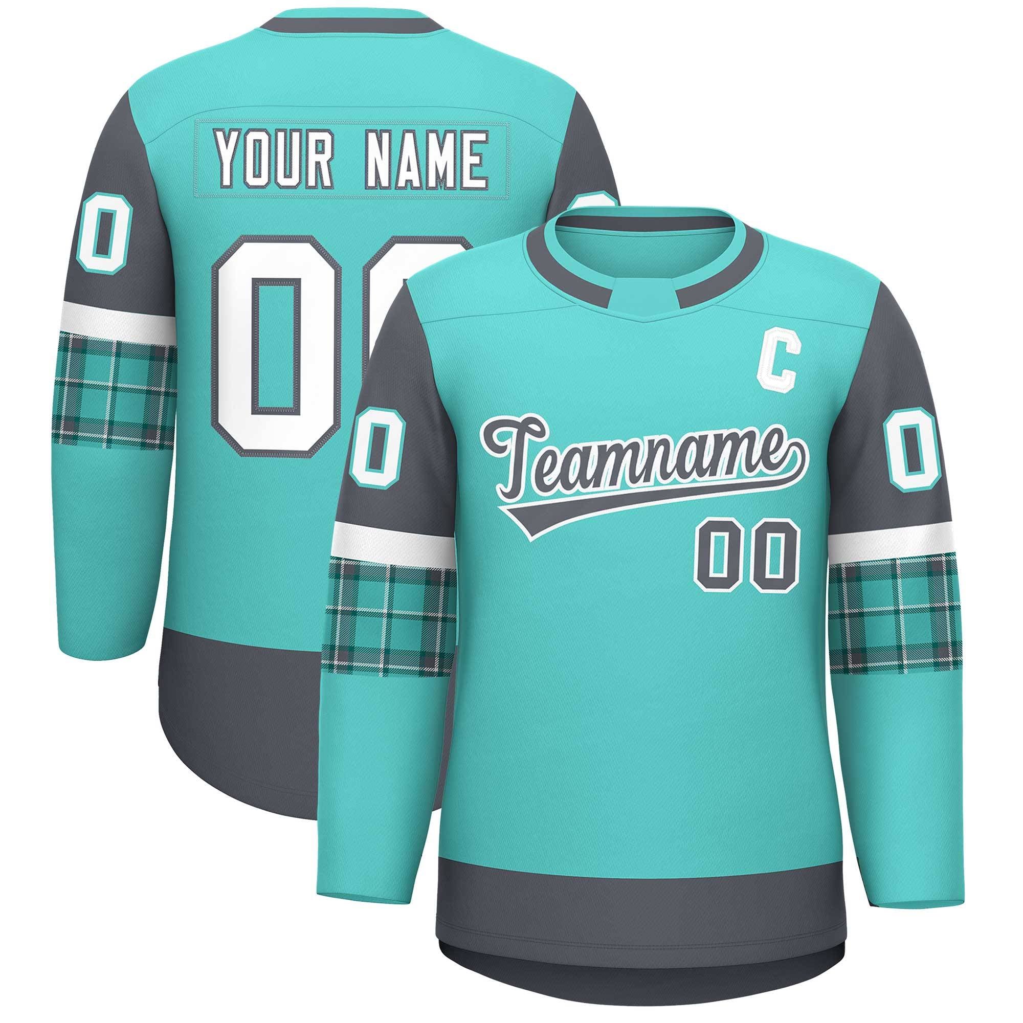 Custom Bright Green Dark Gray Personalized Raglan Sleeves Round-Neck Hockey Jersey