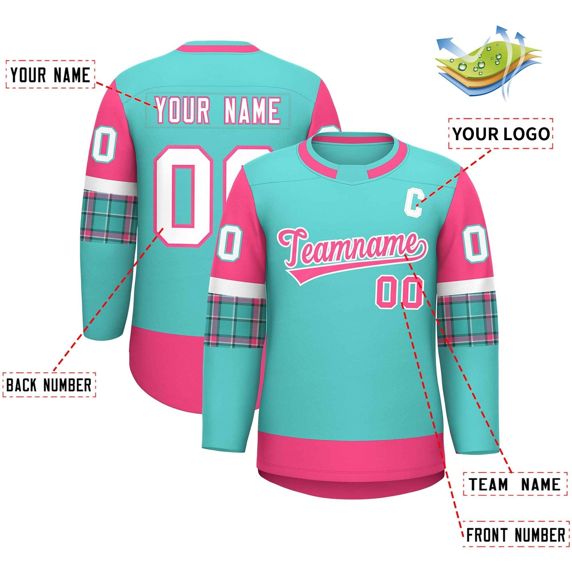 Custom Bright Green Pink Personalized Raglan Sleeves Round-Neck Hockey Jersey