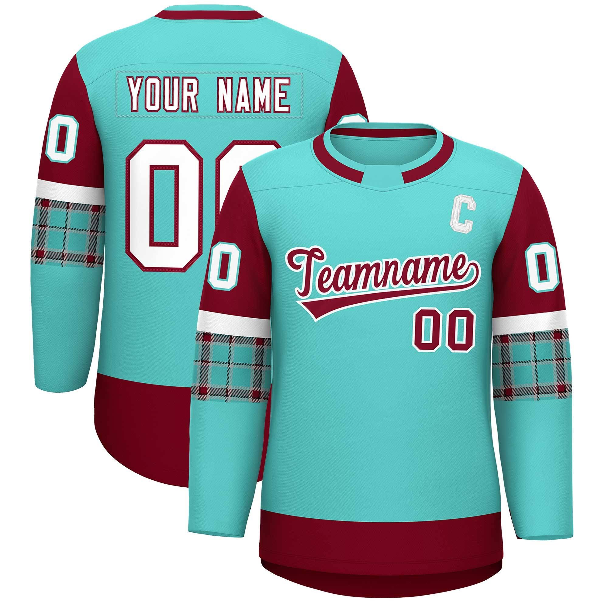 Custom Bright Green Crimson Personalized Raglan Sleeves Round-Neck Hockey Jersey