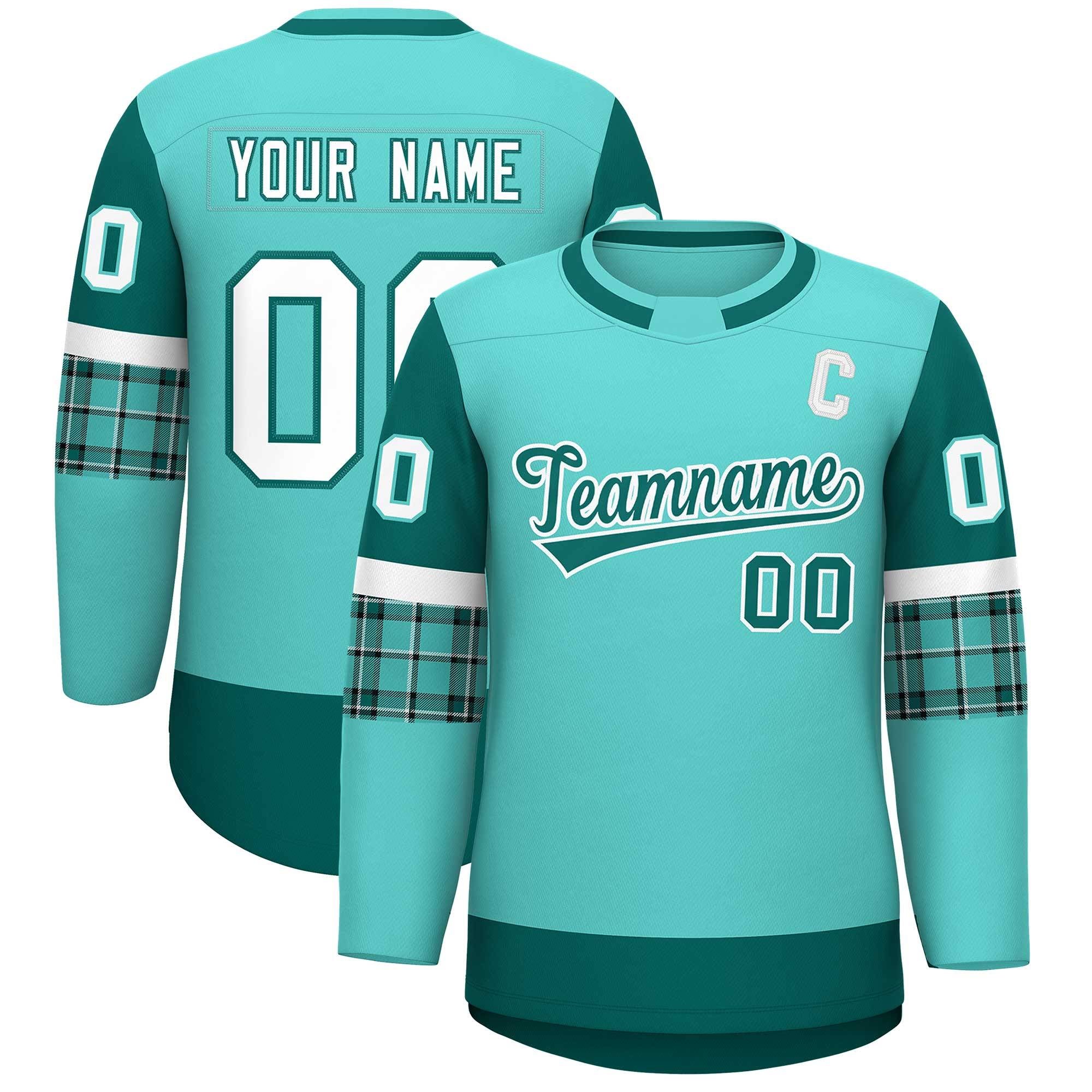 Custom Bright Green Aqua Personalized Raglan Sleeves Round-Neck Hockey Jersey