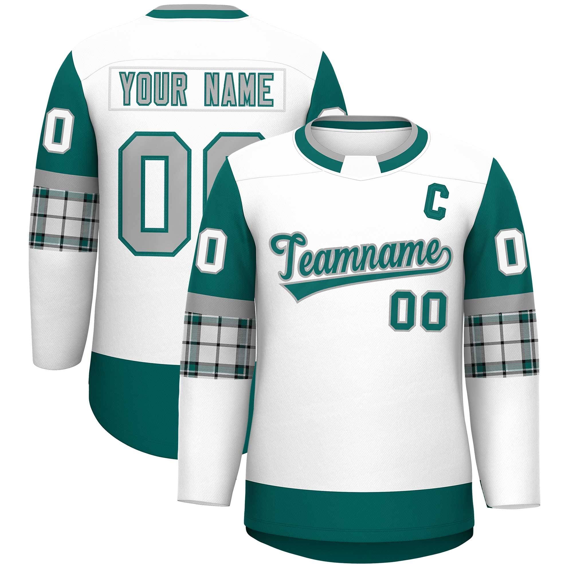 Custom White Aqua Personalized Raglan Sleeves Round-Neck Hockey Jersey