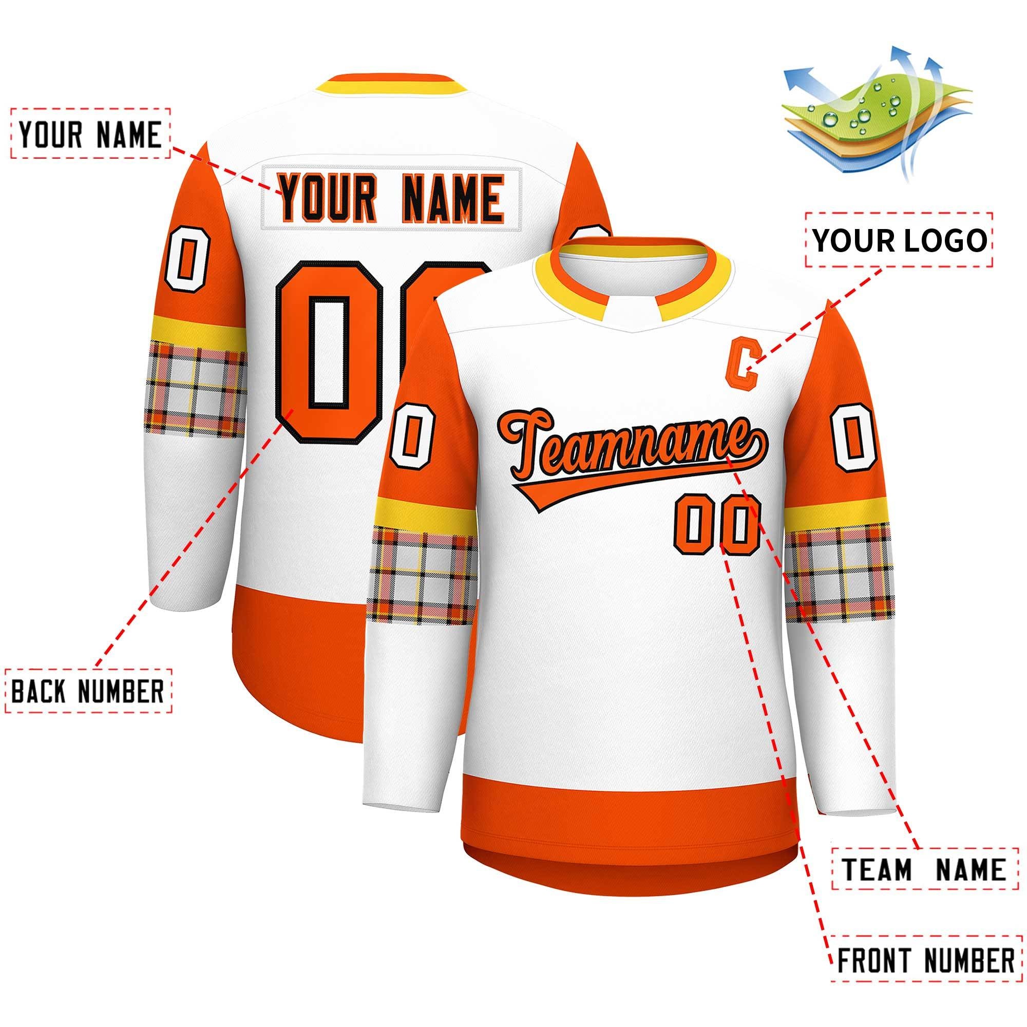 Custom White Orange Personalized Raglan Sleeves Round-Neck Hockey Jersey