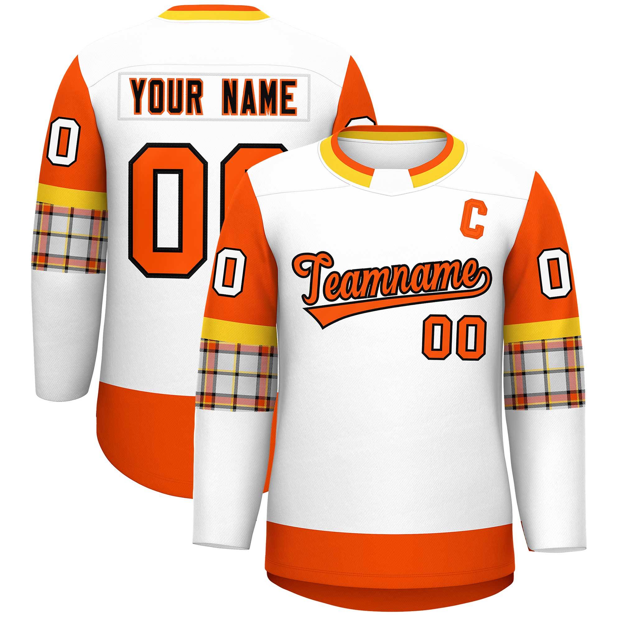 Custom White Orange Personalized Raglan Sleeves Round-Neck Hockey Jersey