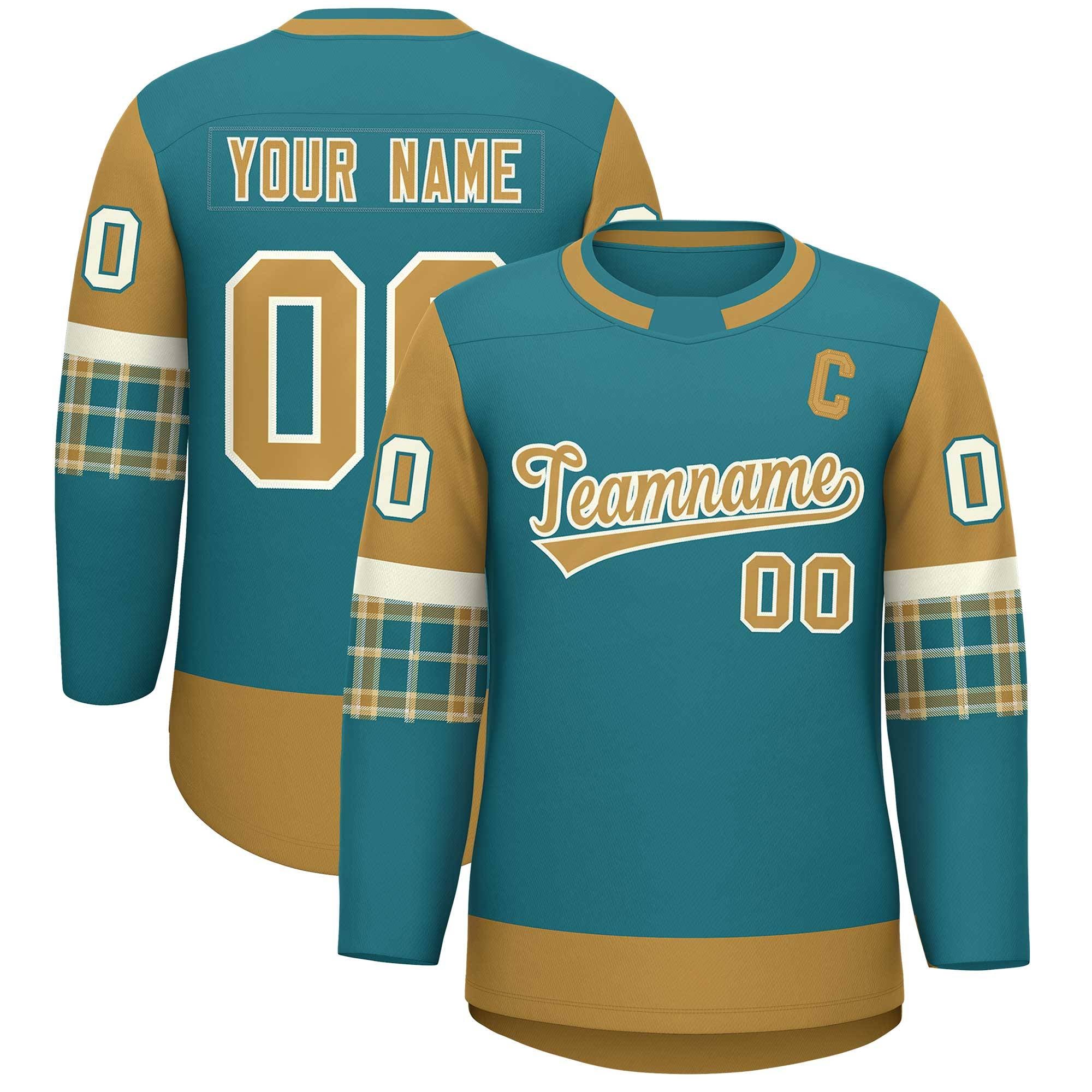 Custom Aqua Old Gold Personalized Raglan Sleeves Round-Neck Hockey Jersey