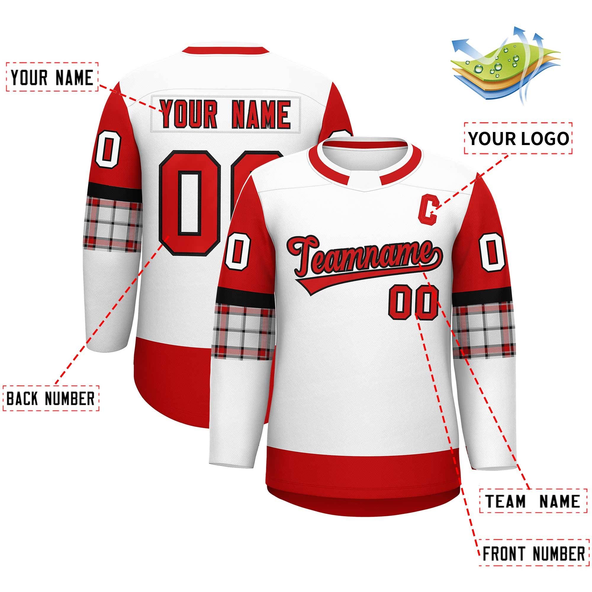 Custom White Red Personalized Raglan Sleeves Round-Neck Hockey Jersey