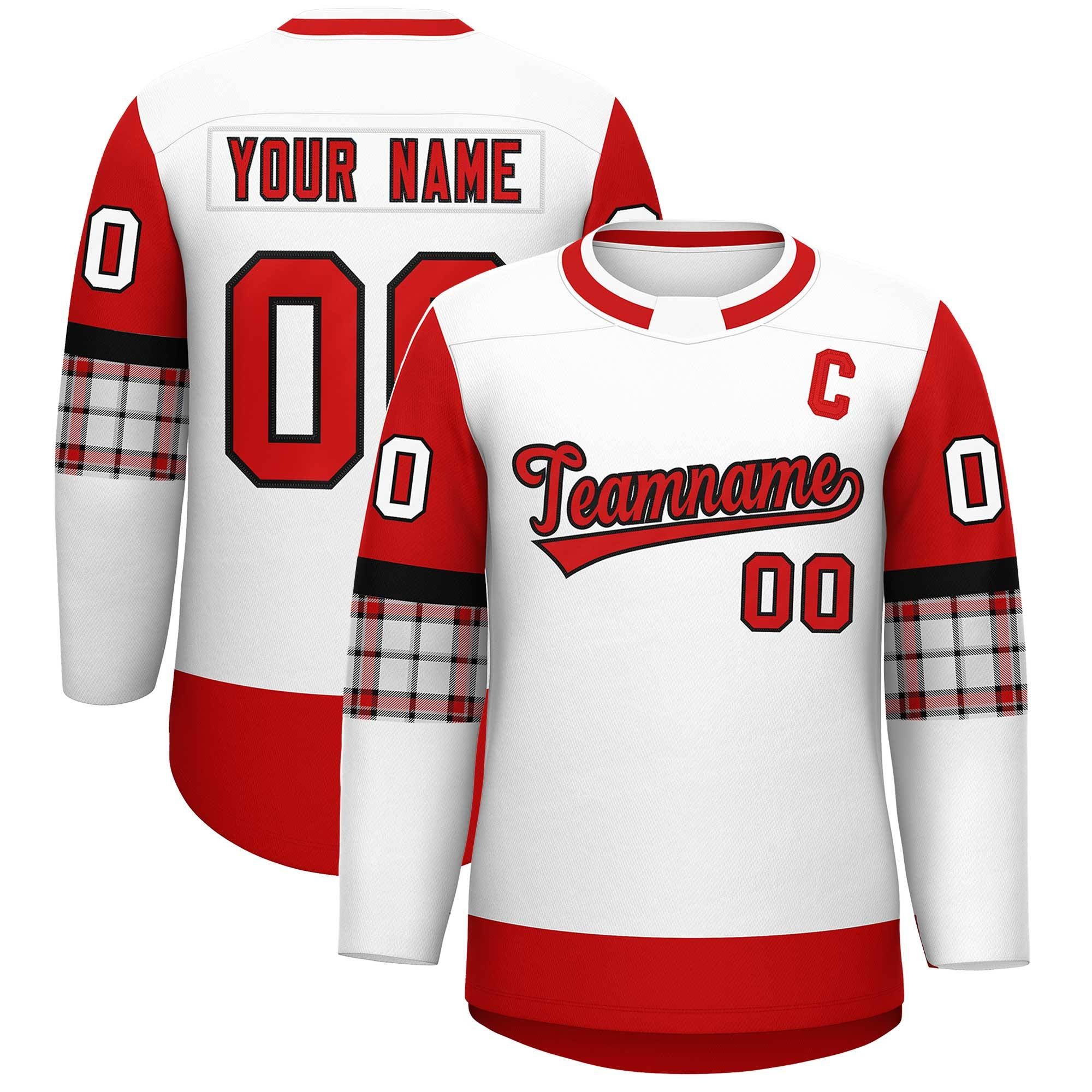 Custom White Red Personalized Raglan Sleeves Round-Neck Hockey Jersey