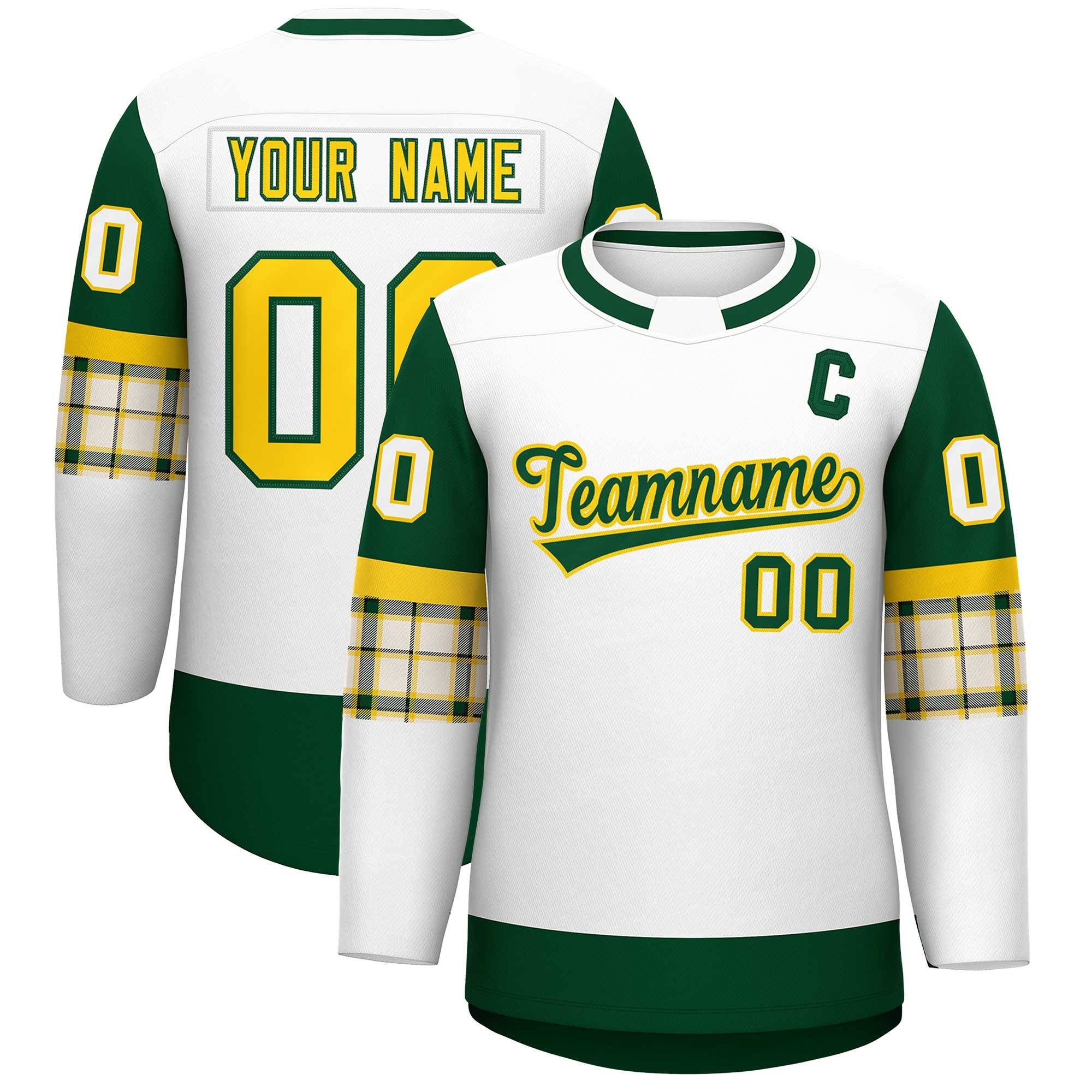 Custom White Green Personalized Raglan Sleeves Round-Neck Hockey Jersey