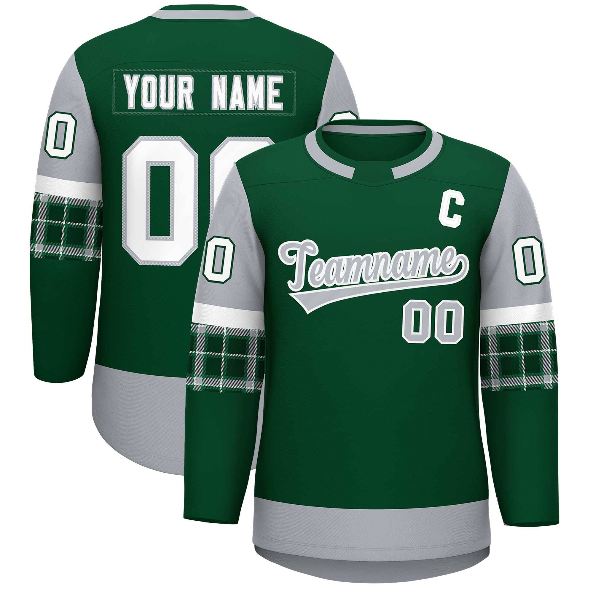 Custom Green Gray Personalized Raglan Sleeves Round-Neck Hockey Jersey