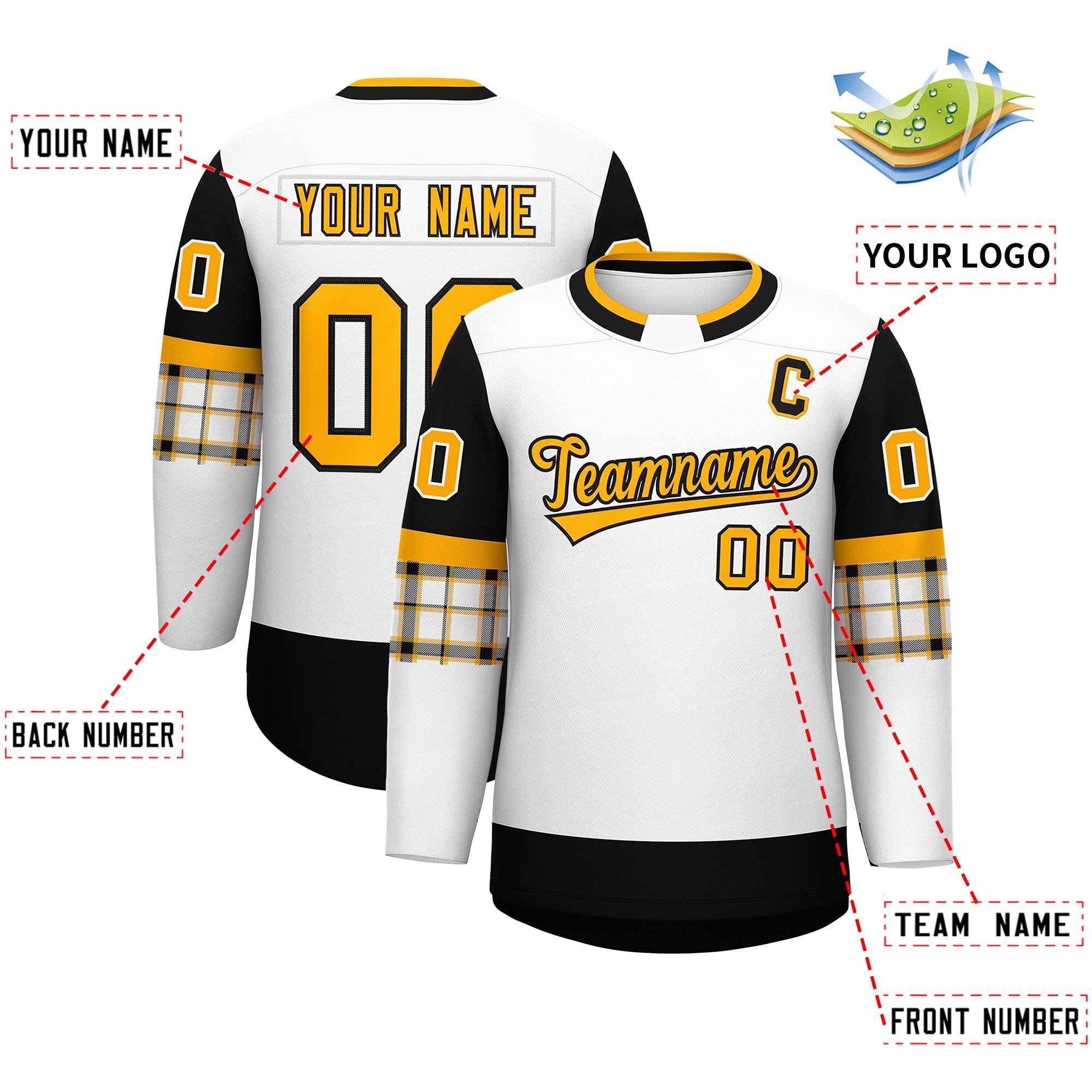 Custom White Black Personalized Raglan Sleeves Round-Neck Hockey Jersey