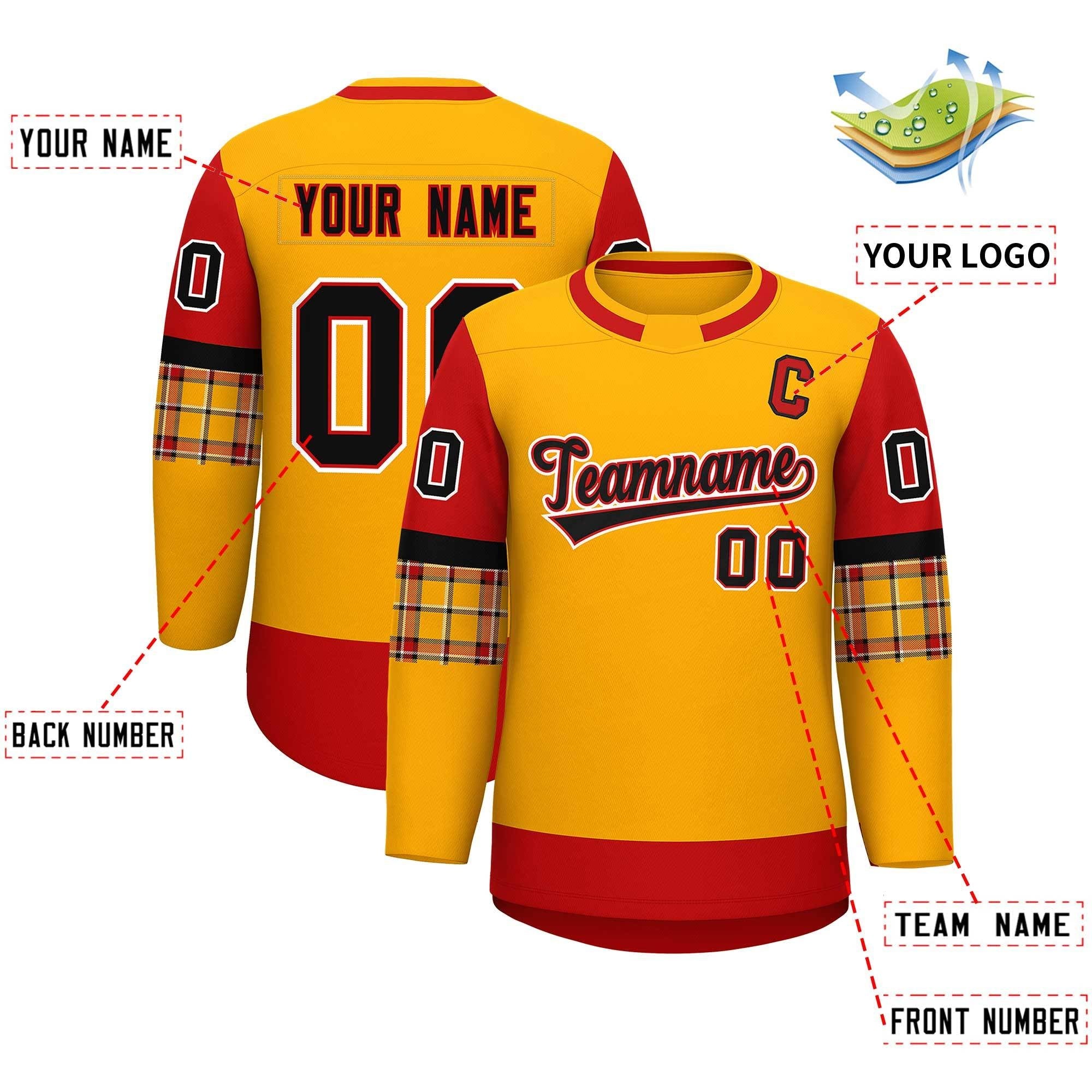 Custom Yellow Red Personalized Raglan Sleeves Round-Neck Hockey Jersey