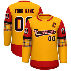 Custom Yellow Red Personalized Raglan Sleeves Round-Neck Hockey Jersey