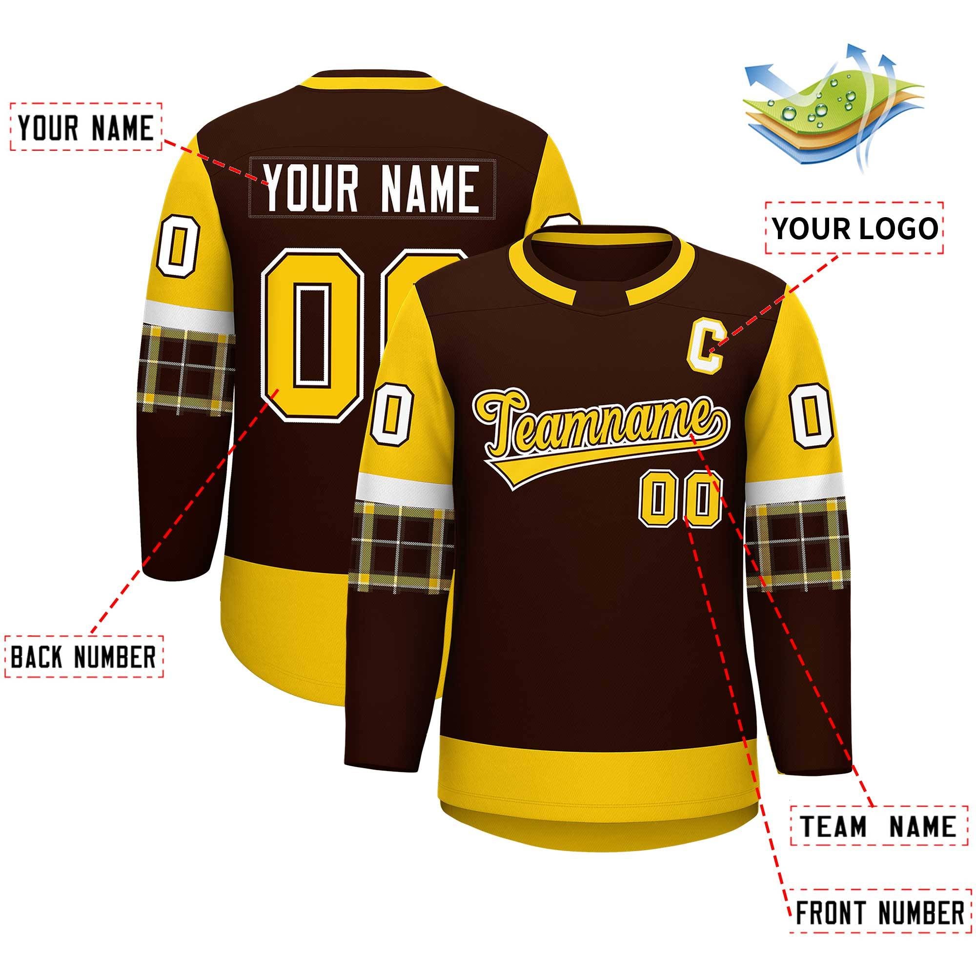 Custom Brown Gold Personalized Raglan Sleeves Round-Neck Hockey Jersey