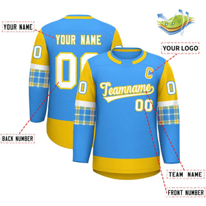 Custom Powder Blue Gold Personalized Raglan Sleeves Round-Neck Hockey Jersey