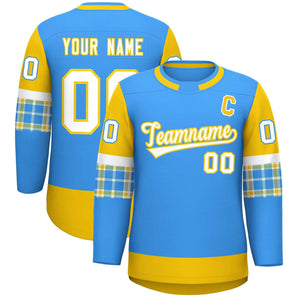 Custom Powder Blue Gold Personalized Raglan Sleeves Round-Neck Hockey Jersey