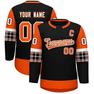 Custom Black Orange Personalized Raglan Sleeves Round-Neck Hockey Jersey