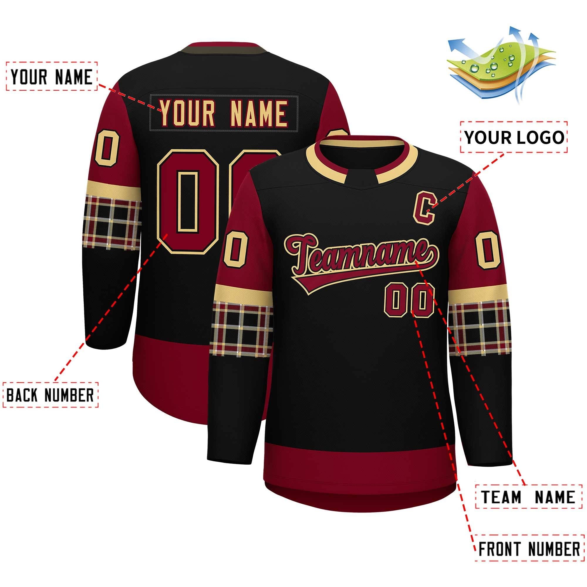 Custom Black Crimson Personalized Raglan Sleeves Round-Neck Hockey Jersey