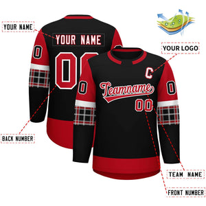 Custom Black Red Personalized Raglan Sleeves Round-Neck Hockey Jersey