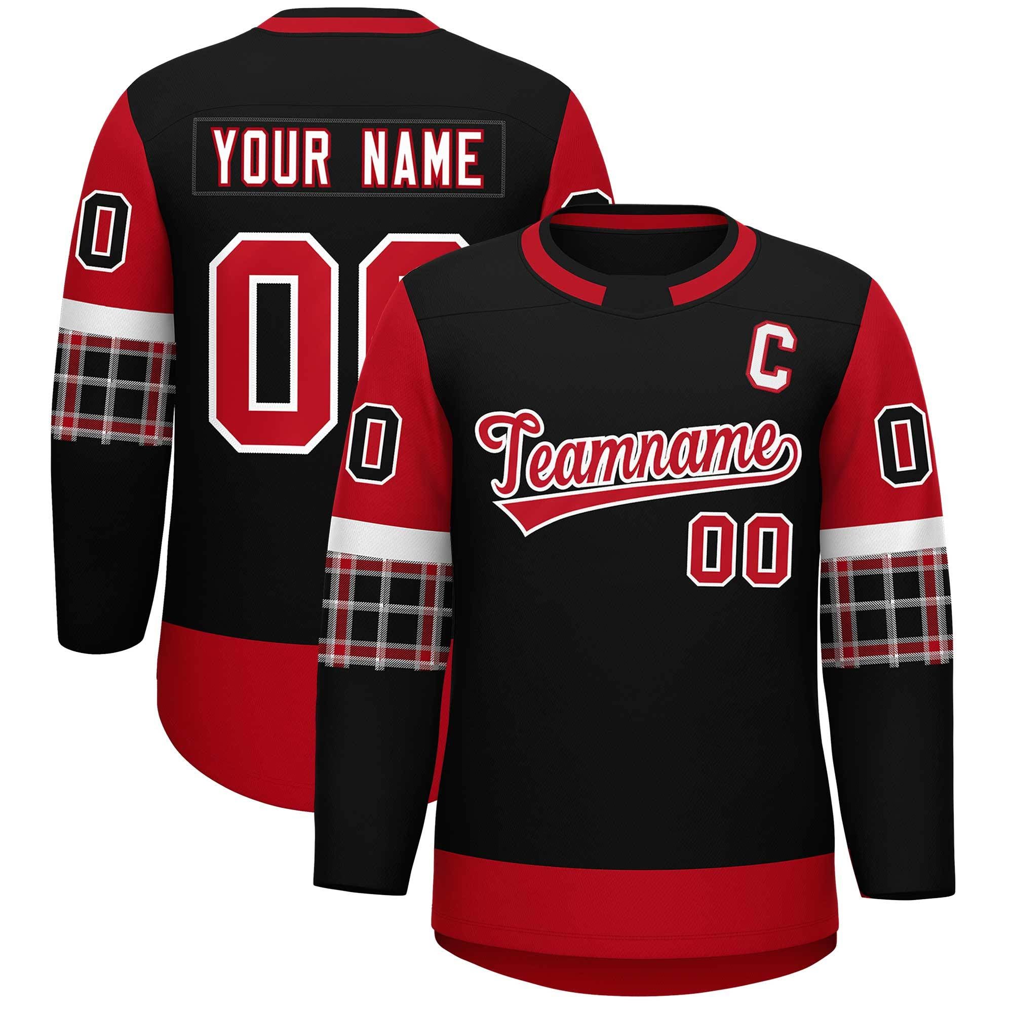 Custom Black Red Personalized Raglan Sleeves Round-Neck Hockey Jersey