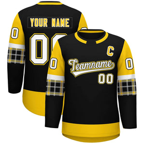 Custom Black Gold Personalized Raglan Sleeves Round-Neck Hockey Jersey