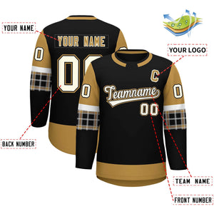 Custom Black Old Gold Personalized Raglan Sleeves Round-Neck Hockey Jersey