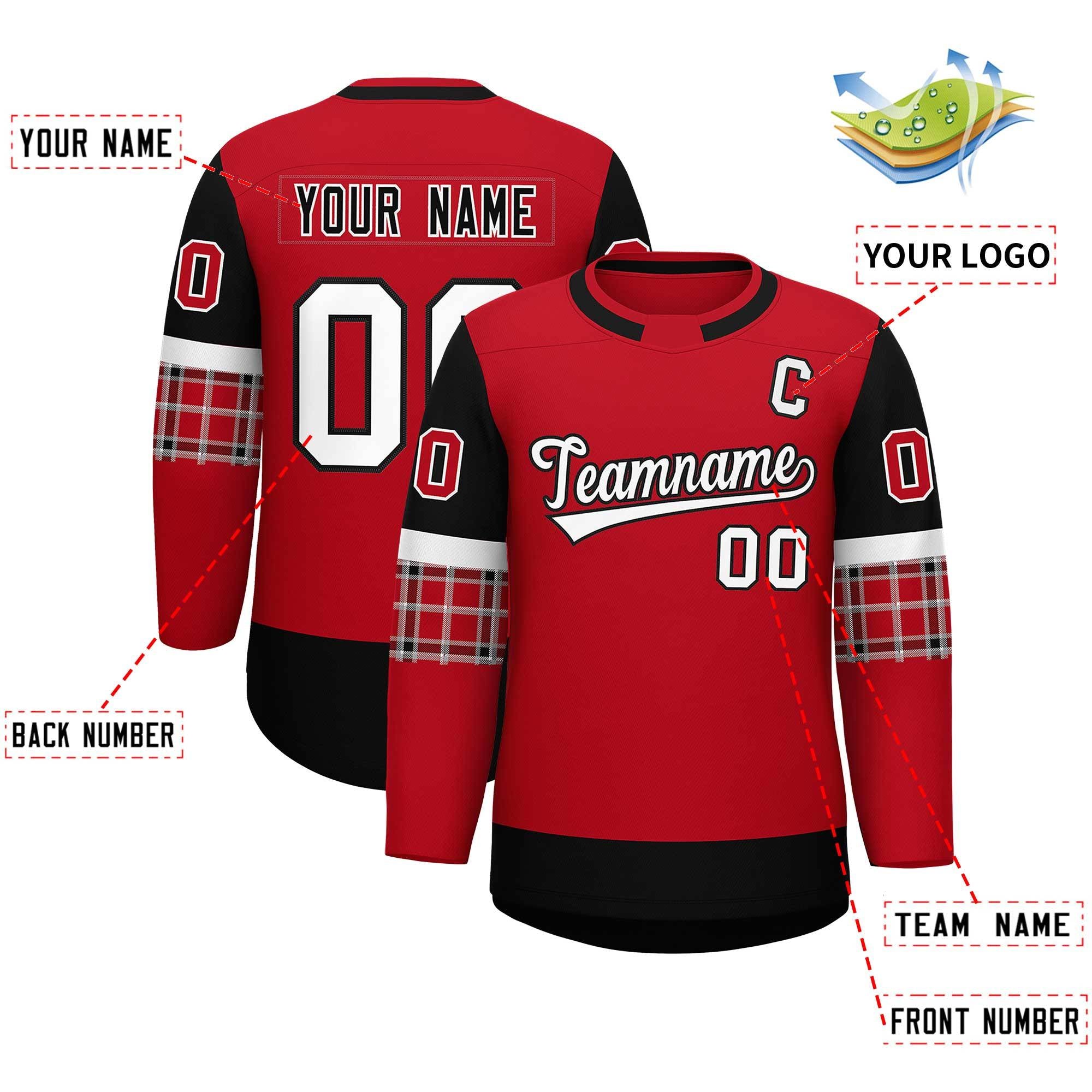 Custom Red Black Personalized Raglan Sleeves Round-Neck Hockey Jersey