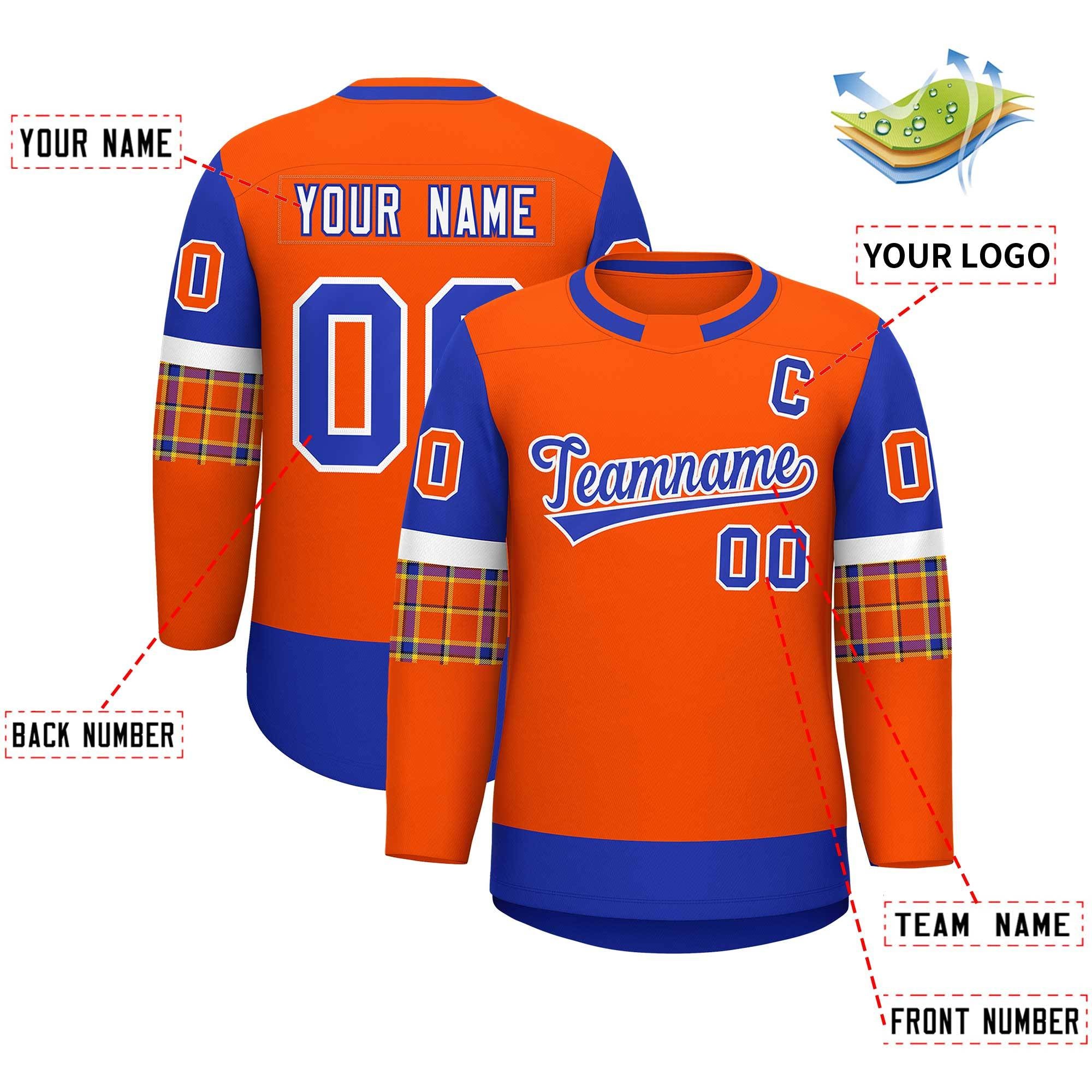 Custom Orange Royal Personalized Raglan Sleeves Round-Neck Hockey Jersey