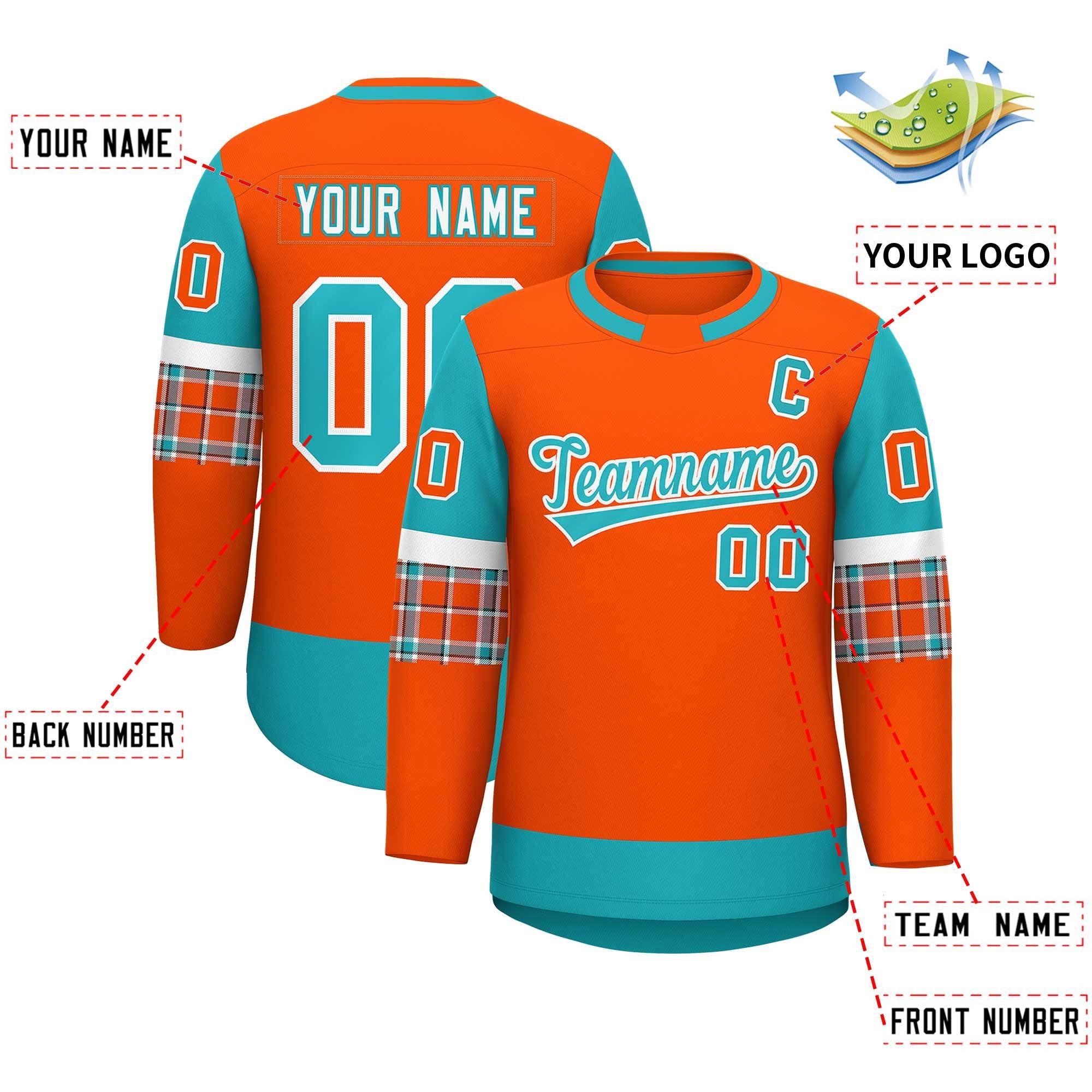 Custom Orange Aqua Personalized Raglan Sleeves Round-Neck Hockey Jersey