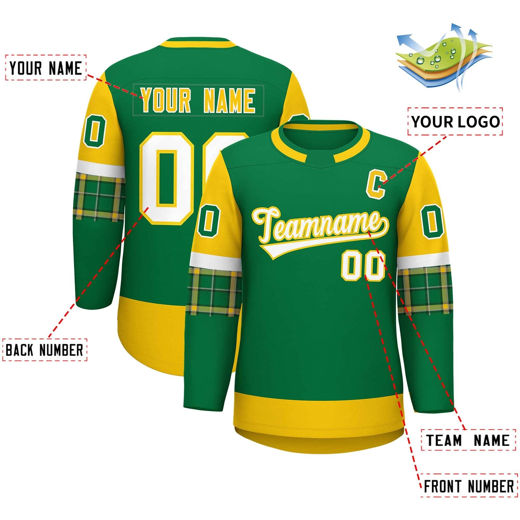 Custom Kelly Green Gold Personalized Raglan Sleeves Round-Neck Hockey Jersey