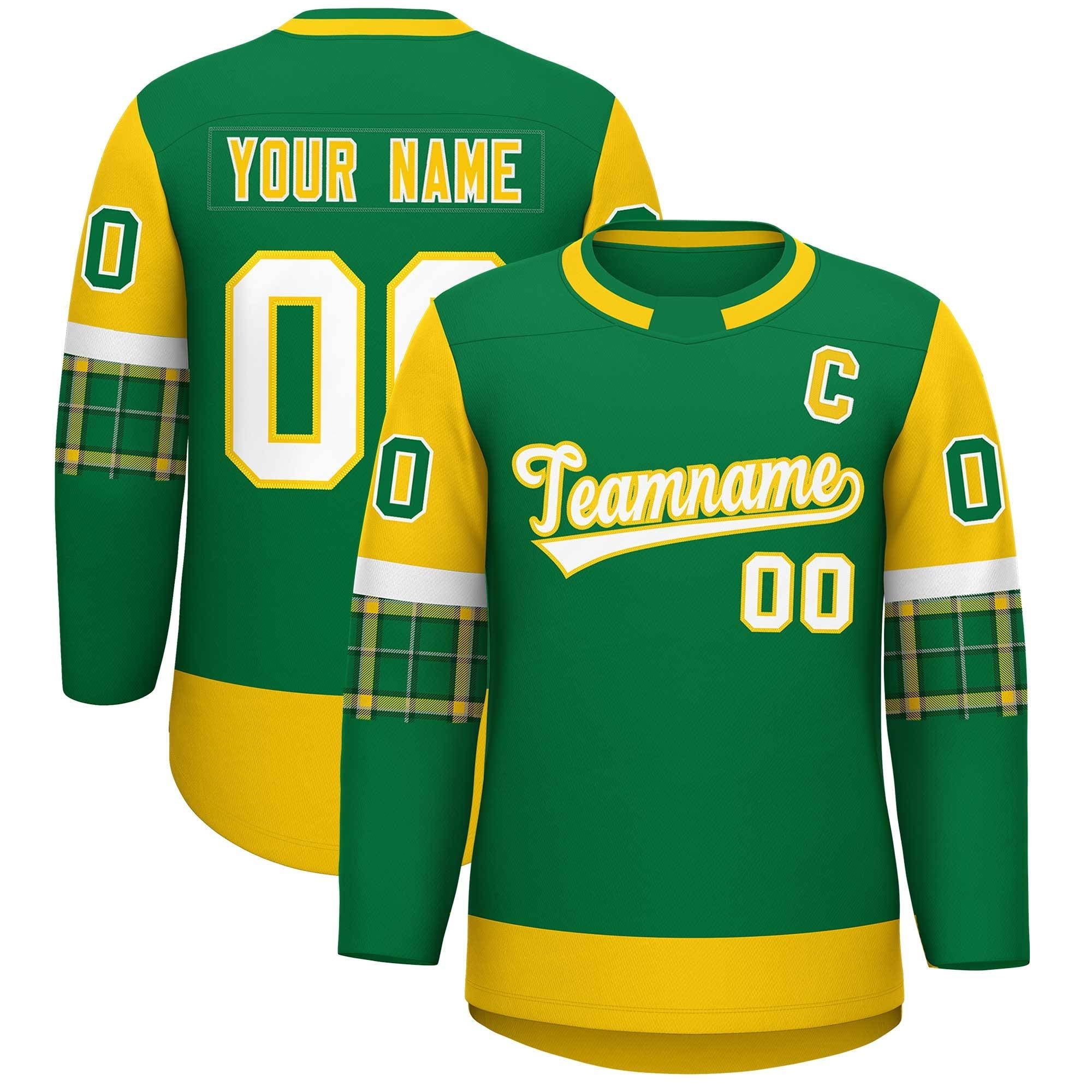 Custom Kelly Green Gold Personalized Raglan Sleeves Round-Neck Hockey Jersey