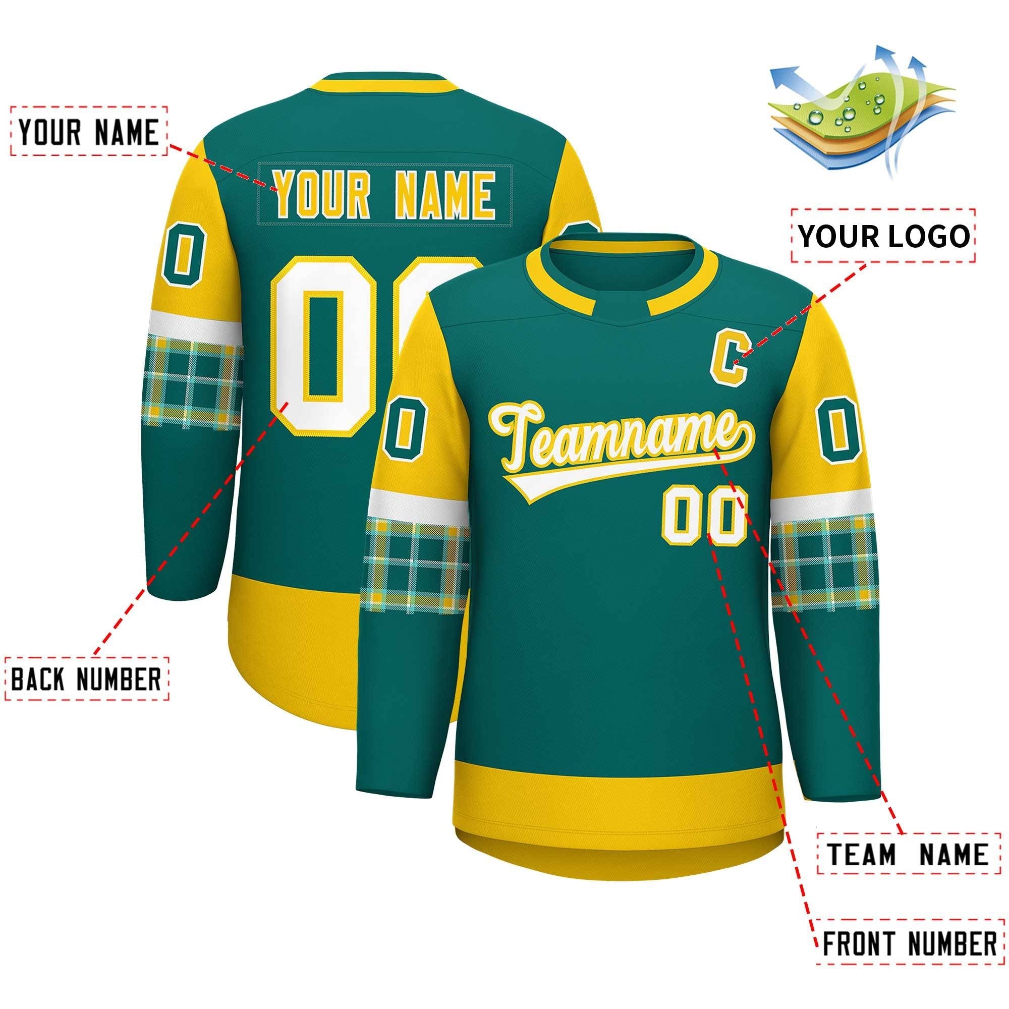 Custom Aqua Gold Personalized Raglan Sleeves Round-Neck Hockey Jersey