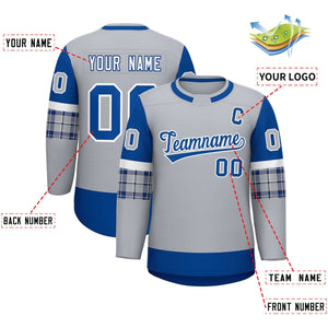 Custom Gray Royal Personalized Raglan Sleeves Round-Neck Hockey Jersey